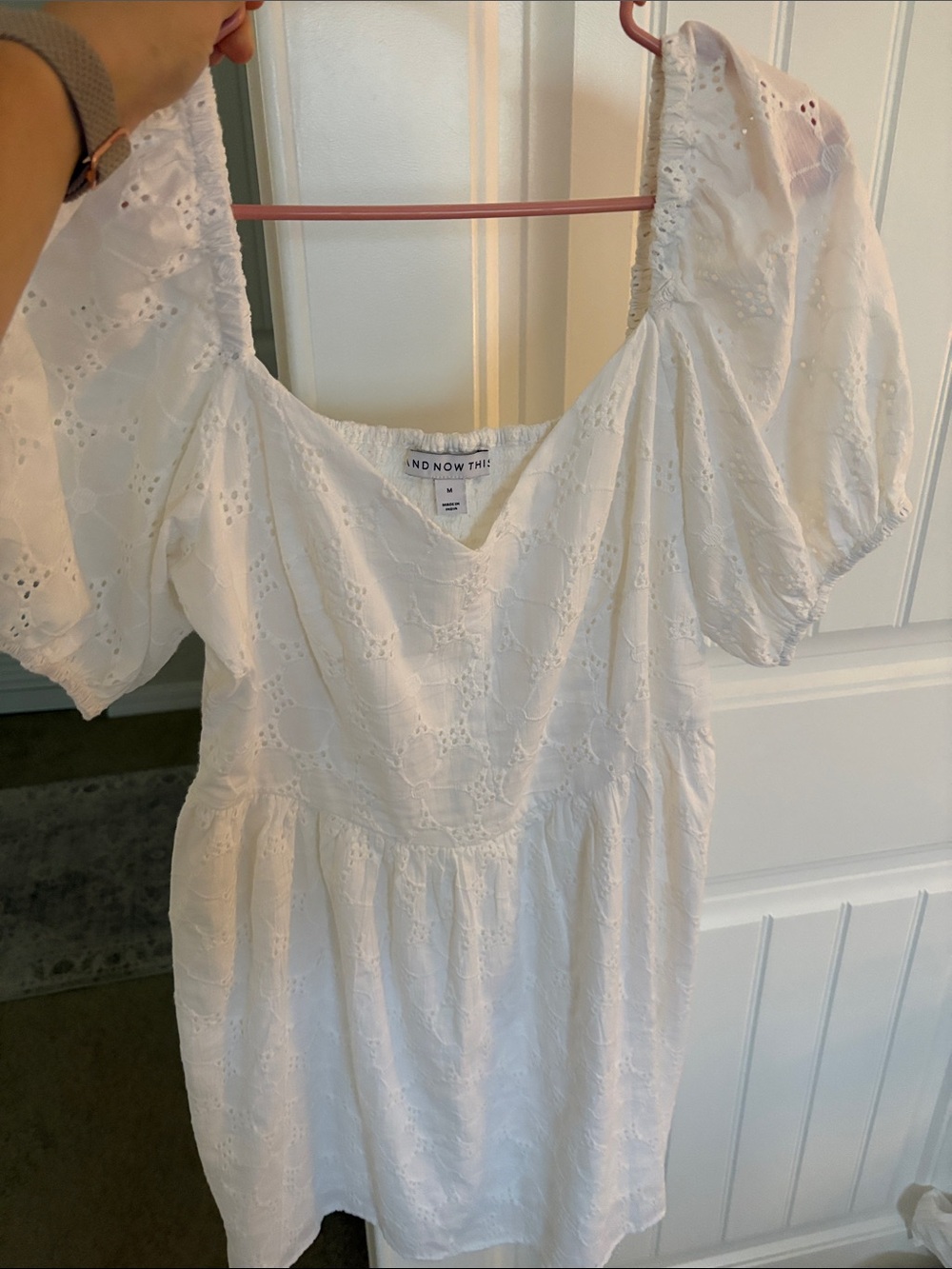 AND NOW THIS White Eyelet Puff-Sleeve Mini Dress